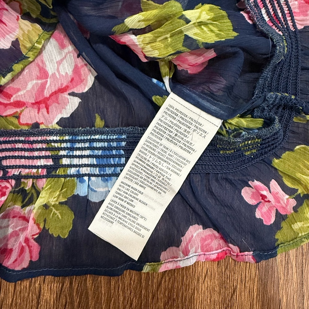 Y2K Abercrombie & Fitch Sheer Floral Short Sleeve Blouse Large Vintage Navy Blue - Picture 4 of 5